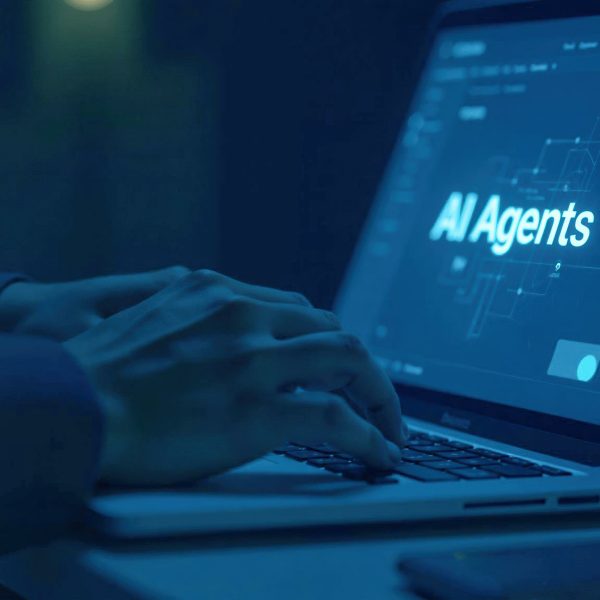 Hands using laptop with AI agents screen in blue tones, focused digital work, machine learning, artificial intelligence, programming and software development concept.