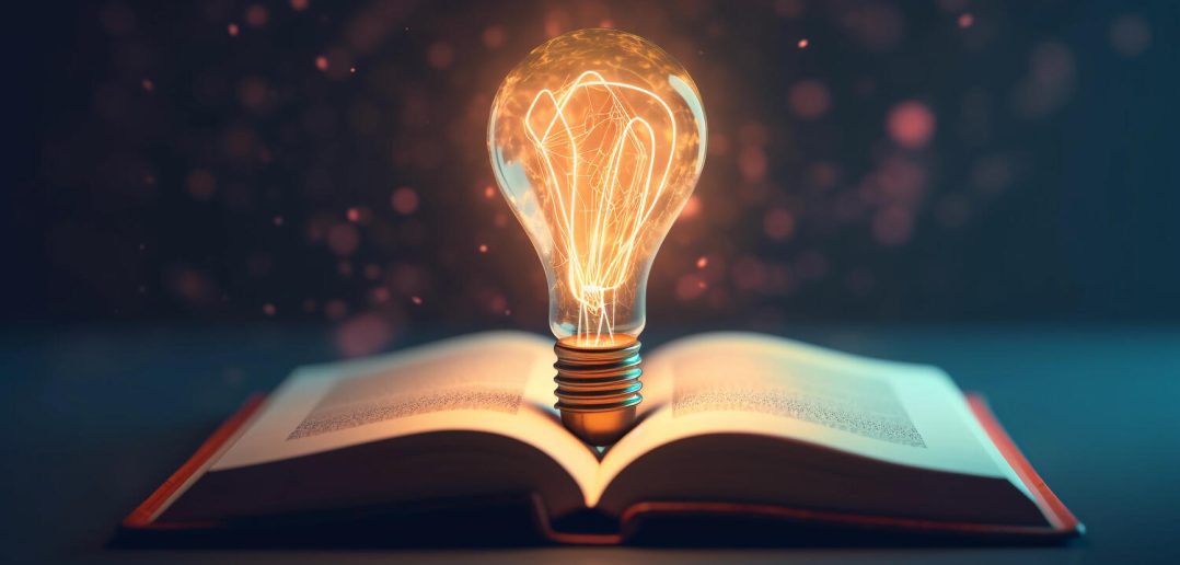 Glowing light bulb on a text book illuminating everything. Learning and education concept. Generative AI