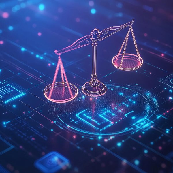 ai regulations concept visualized as digital icons and symbols surrounding a scale of justice highlighting the balance of technology and ethics in modern governance